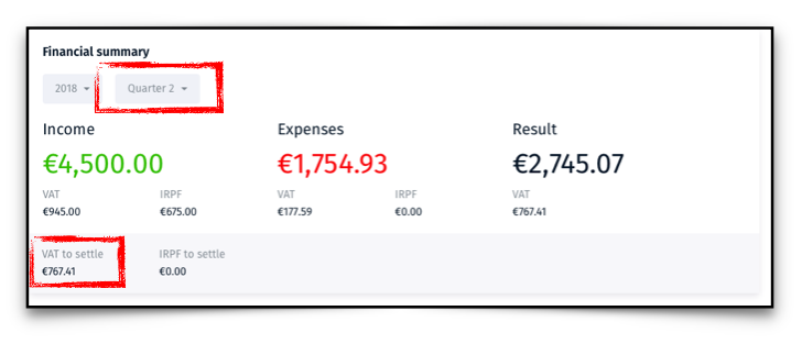 Quipu dashboard showing VAT to settle for the quarter